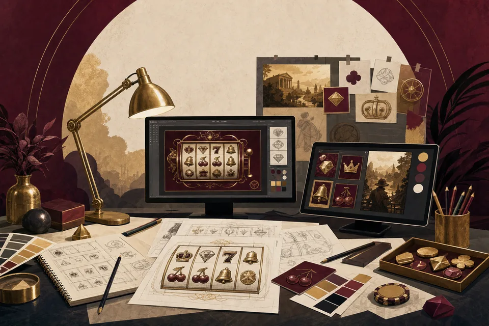 Editorial illustration of a slot game studio workbench