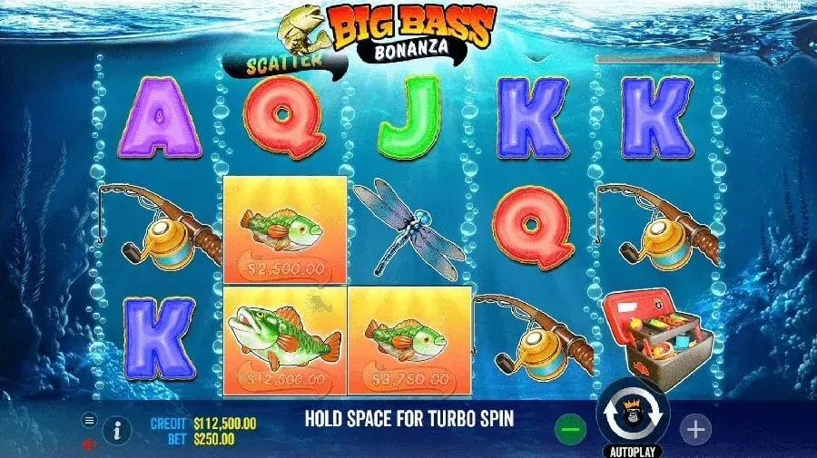 Big Bass Bonanza base game: the 5x3 fishing reels with money-fish, tackle box and rod symbols.