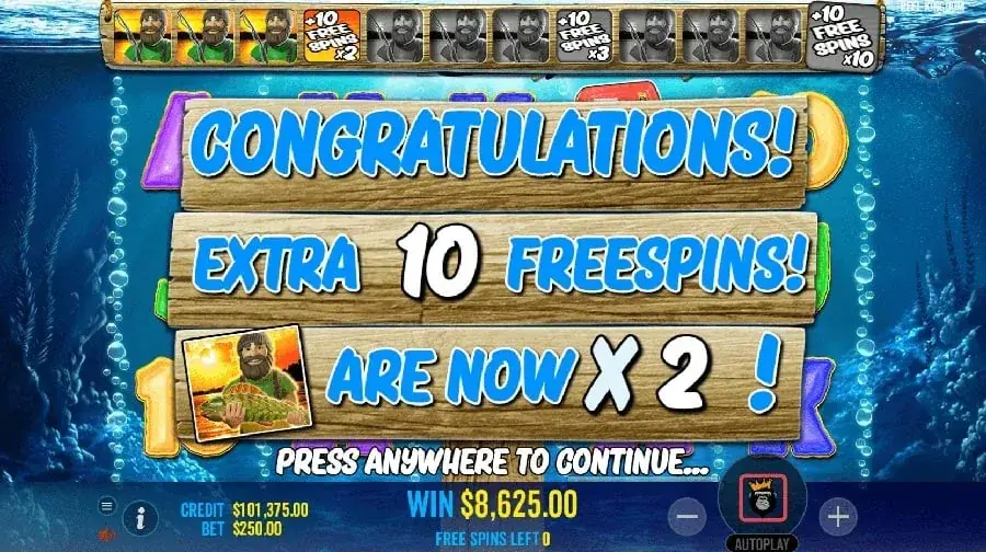 Free-spins round: extra spins awarded as the multiplier rises and the fisherman collects fish.