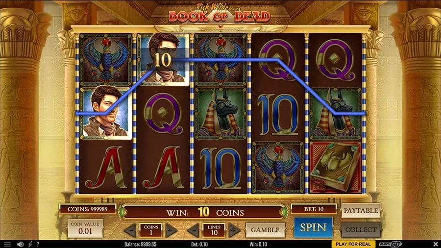 Book of Dead in play: a winning line across the 5x3 reels with Rich Wilde and Anubis.