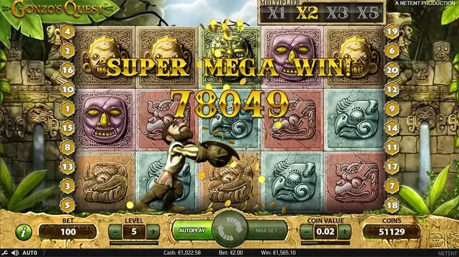 Gonzo's Quest Avalanche: a Super Mega Win as stone blocks explode and the multiplier climbs.