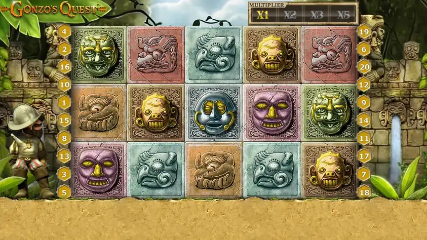 Base-game Avalanche reels, carved Aztec masks with Gonzo the conquistador beside them.