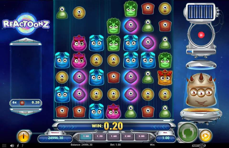 A small cluster win on the Reactoonz grid, the Gargantoon charging in its capsule.