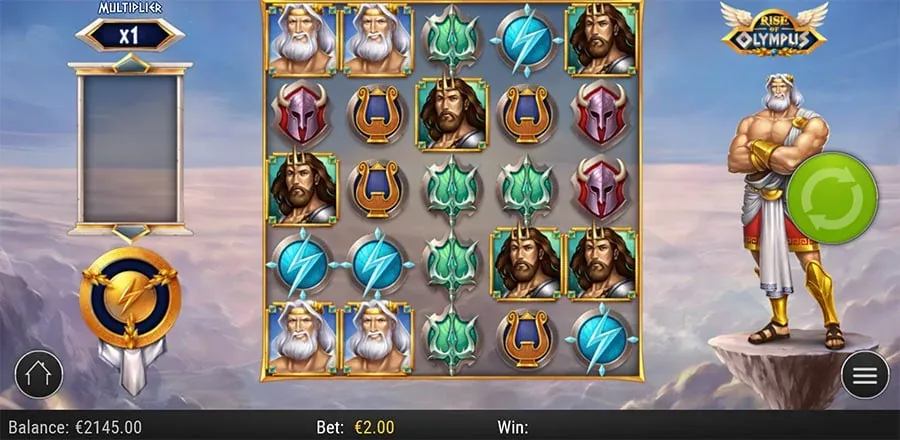 Rise of Olympus 5x5 grid in play, Zeus, Poseidon and Hades cascading by the god-feature meter.