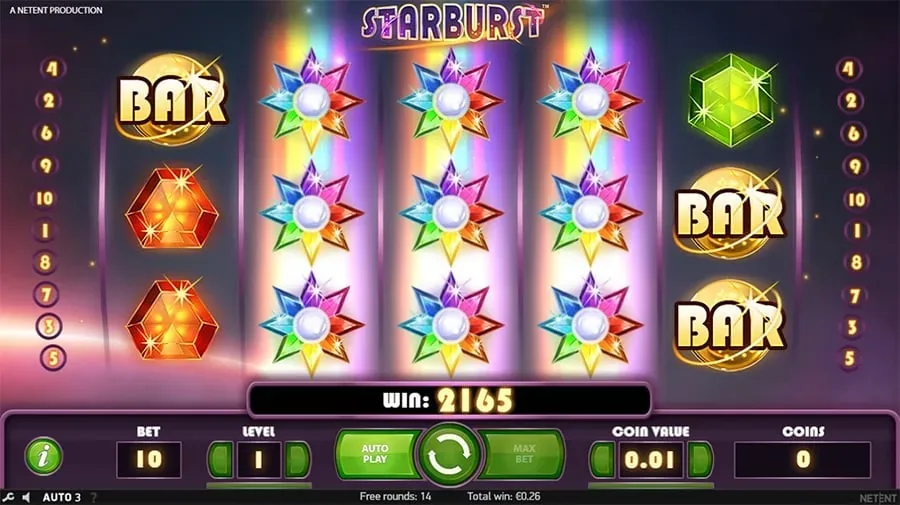 Starburst in play: a winning line of gems and BAR icons paying 2,165 coins across the 5x3 reels.