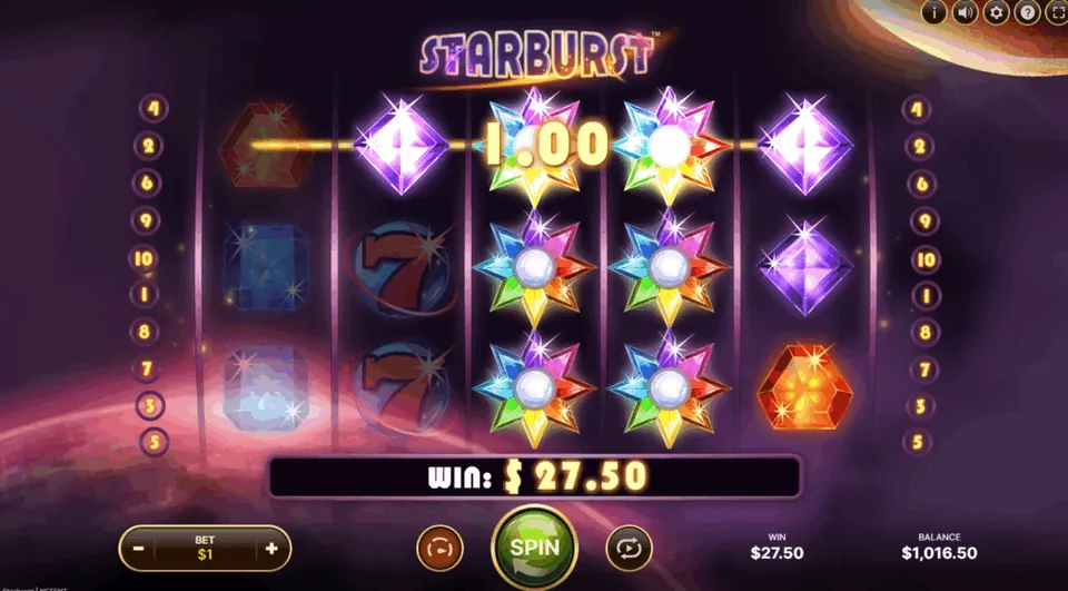 The Starburst Wilds feature, an expanding wild locking in for a re-spin to pay out a $27.50 win.