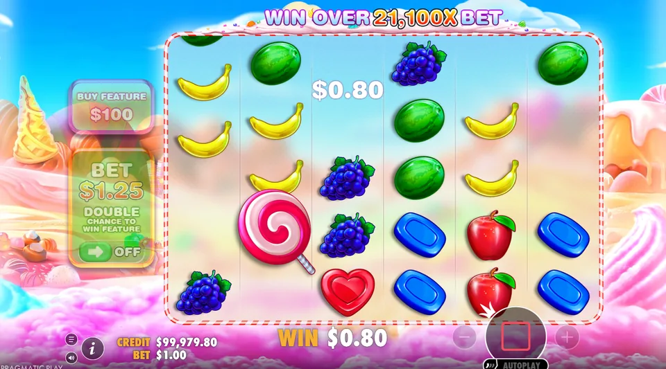 Sweet Bonanza base game: candy and fruit on the 6x5 board with a lollipop scatter landing.
