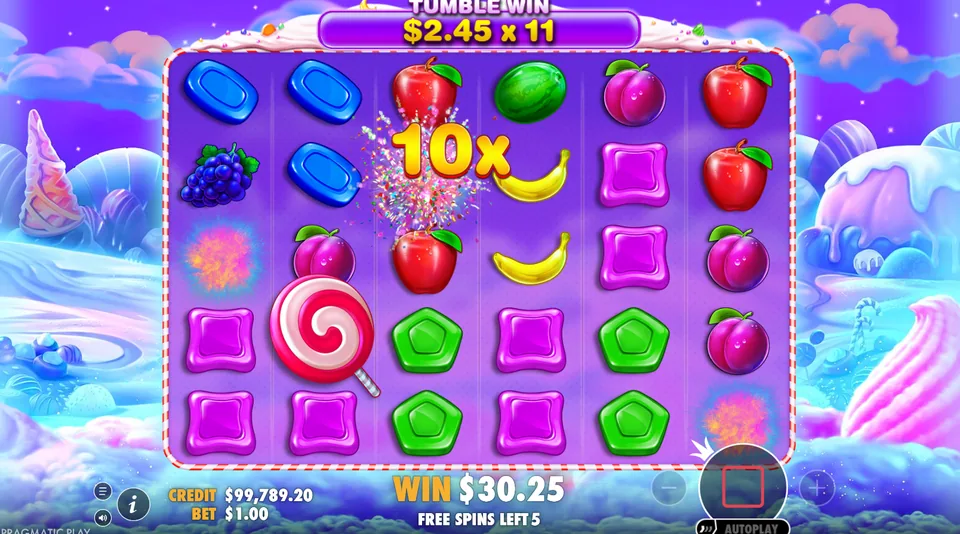 Free-spins round: a 10x multiplier bomb lands among the tumbling candies to lift the win.